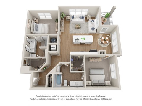 a 3d floor plan of a 1 bedroom apartment